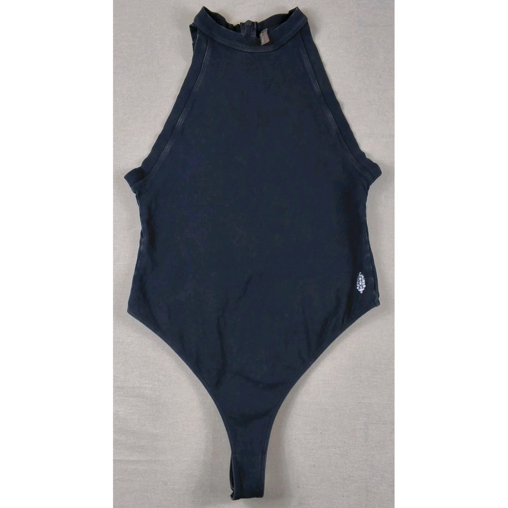 Free People FP Movement Mock Neck Cutout Back Thong Bodysuit Washed Black size M